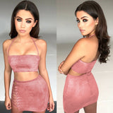 New Sexy Women Bandage Summer Skirt Clothes Sets Halter Crop Tops +Lace Up Bandage Hot Skirts 2 Piece Summer Party Club Wear