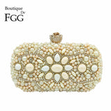 Boutique De FGG Hand Made Champagne Beaded Crystal Women Evening Clutch Bag Metal Minaudiere Wedding Party Bridal Handbag Purse