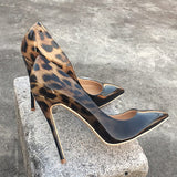 Veowalk Fashion Women Leopard Patent Leather Pumps Pointed Toe 8-12cm Stiletto Ultra High Heel Sexy Ladies Party Shoes Size34-43