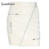 Sweetown White Korean Style Skirts Womens Street Style A Line Skirt Summer 2018 High Waist Vogue Steampunk Leather Short Skirt