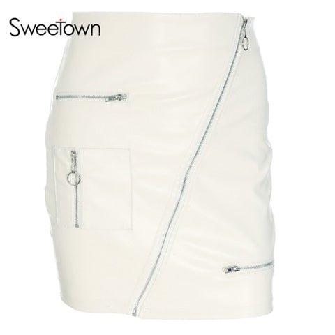 Sweetown White Korean Style Skirts Womens Street Style A Line Skirt Summer 2018 High Waist Vogue Steampunk Leather Short Skirt