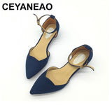 CEYANEAO  Sexy Women Buckle Strap Low Heels Pumps Pointed Toe Flock D'Orsay Heels Shoes For Woman Ladies Single Shoes Blue