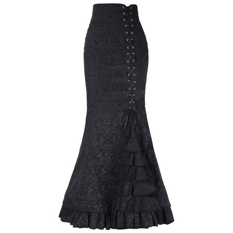 New Women Sexy Gothic Vintage Long Mermaid Skirt Floral Print Ruffe Lace Up Maxi Skirt Bodycon Slim Elegant Long Skirt