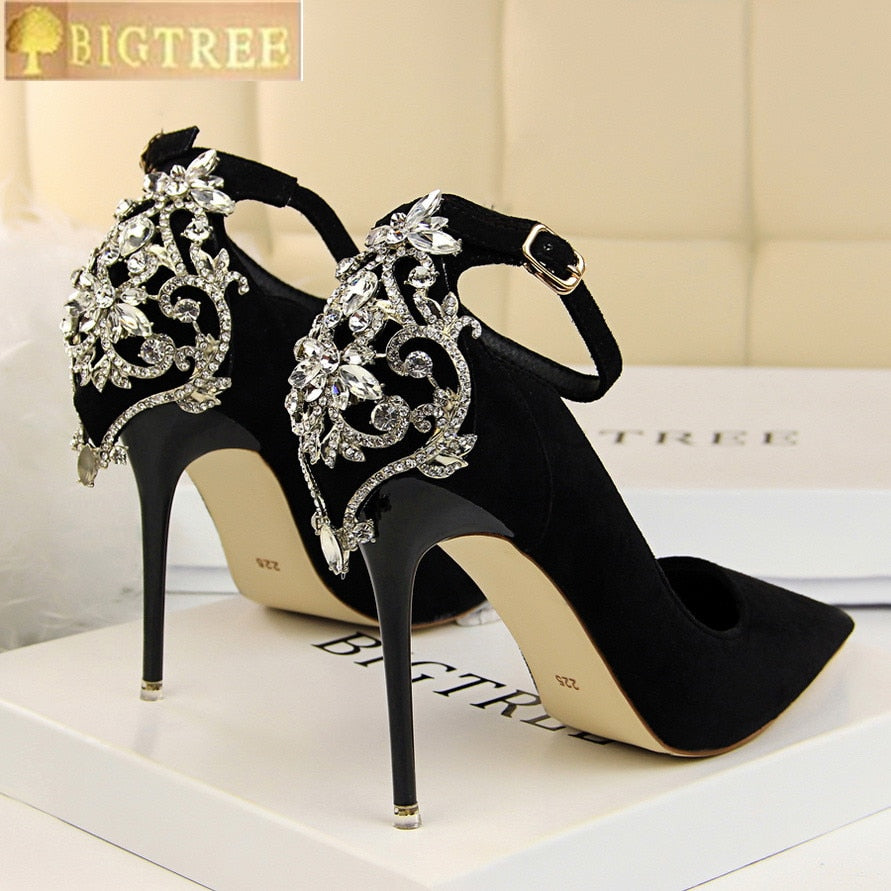 BIGTREE Elegant Crystal Pointed Toe Wedding Shoe Women's Pumps Solid Flock Fashion Buckle Shallow High Heels Shoes for Women