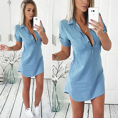 Hirigin Brand Vestidos 2018 Hot Sale Fashion Sexy Women Summer Loose Casual Denim Short Sleeve Shirt Tops Blouse Dress Size S-XL