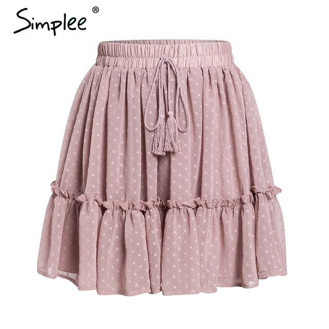 Simplee Casual polka dot mini women skirt High waist A line korean tassel pink summer skirt Sexy ruffle beach female skirts 2019