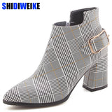 2019 Large Size Women Boots Fashion Plaid Pointed Toe High Heels Women's Shoes Sexy Autumn Winter Ankle Boots female n245