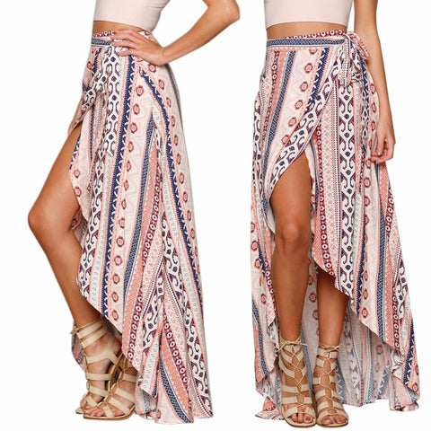 Summer Bohemian Chiffon Skirts Loose Beach Long Skirts Women 2019 Boho Vintage Print Harajuku Lace Up Sexy Ankle-Length Casual