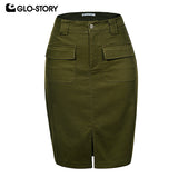 GLO-STORY 2018 Fashion Summer Women Denim Pencil Split Skirt High Waist Sexy Work Wear Ladies Skirts  WQZ-1803