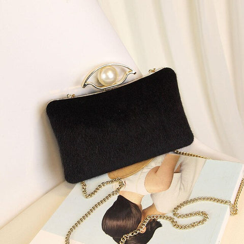 LYKANEFU Luxury Winter Evening Bag Fluffy Clutch Purse Pearl Women Bag Day Clutches Ladies Party Hand Bag Chain Shoulder Bag